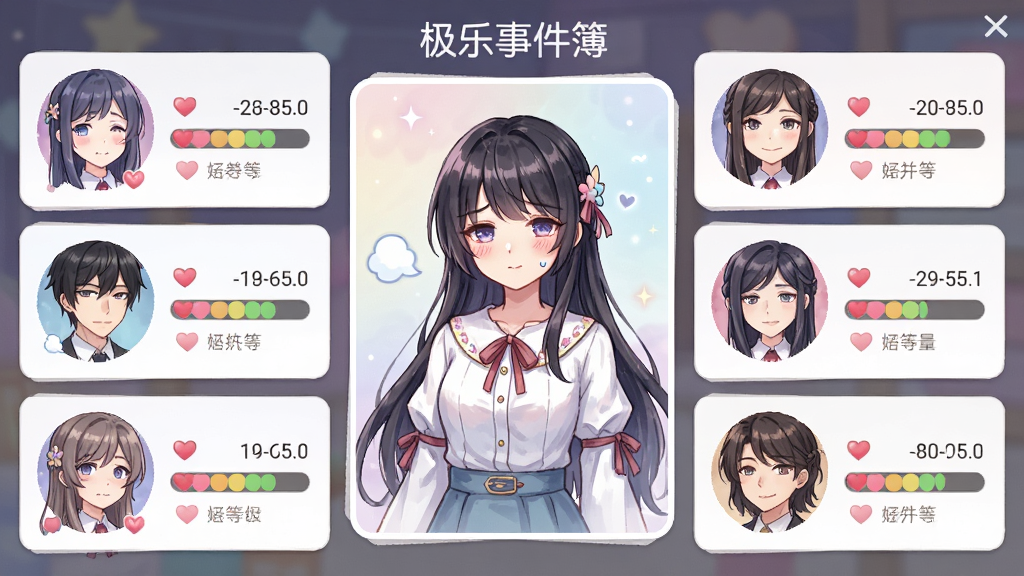 极乐事件簿角色好感度界面展示,画面中多位角色头像排列在两侧,每位角色旁有爱心进度条和好感等级标识,中央为当前互动角色的半身立绘,布局为左右对称的卡片式设计,风格为柔和清新的二次元手游界面,细节包含角色表情变化和好感度数值跳动效果,画质高清,无多余装饰,画面中带有