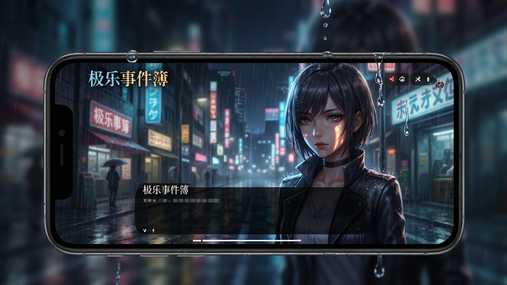 极乐事件簿沉浸式音画体验场景,画面展示手机横屏运行游戏,屏幕中角色正在对话,背景为雨夜都市的霓虹街道,布局为手机外框内嵌游戏画面,风格为写实与二次元融合的宣传图,细节包含雨滴落下的动态效果和角色面部光影,画质精细,干净无杂乱元素,画面中带有