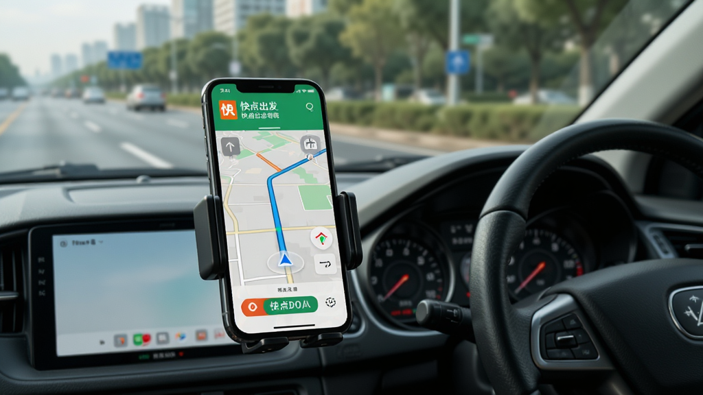 һ��չʾ˾���ڳ���ʹ�ÿ�����˾��APP�������ܵ�AI��ͼ������Ϊ�ֻ��̶��ڳ���֧���ϣ���Ļ��ʾ��ͼ·���������˾����ʶ������Ϊ���е�·�뷽���̣����дʵ��ɫ����Ȼ��ϸ�����������ʸɾ����޶���Ԫ��