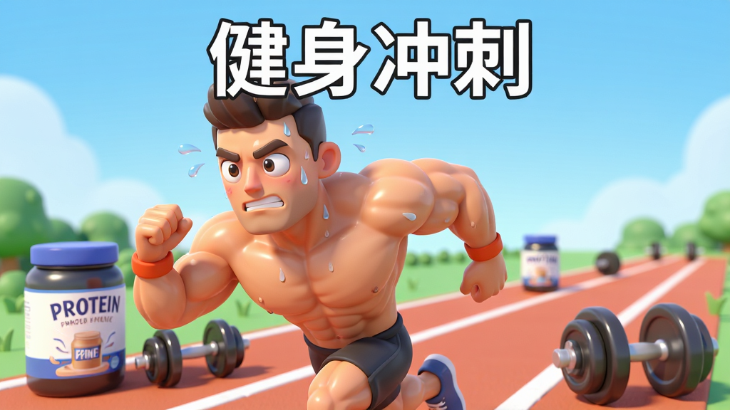 画面主体是一位肌肉健硕的卡通角色在跑道上奋力冲刺,周围散落着蛋白粉罐和哑铃道具,背景是蓝天下的户外健身跑道,布局为角色居中偏左、道具沿赛道延伸,风格为3D卡通渲染,细节包括角色汗珠、肌肉线条、道具高光,画质清晰明亮、干净、无多余元素,图片上方有文字