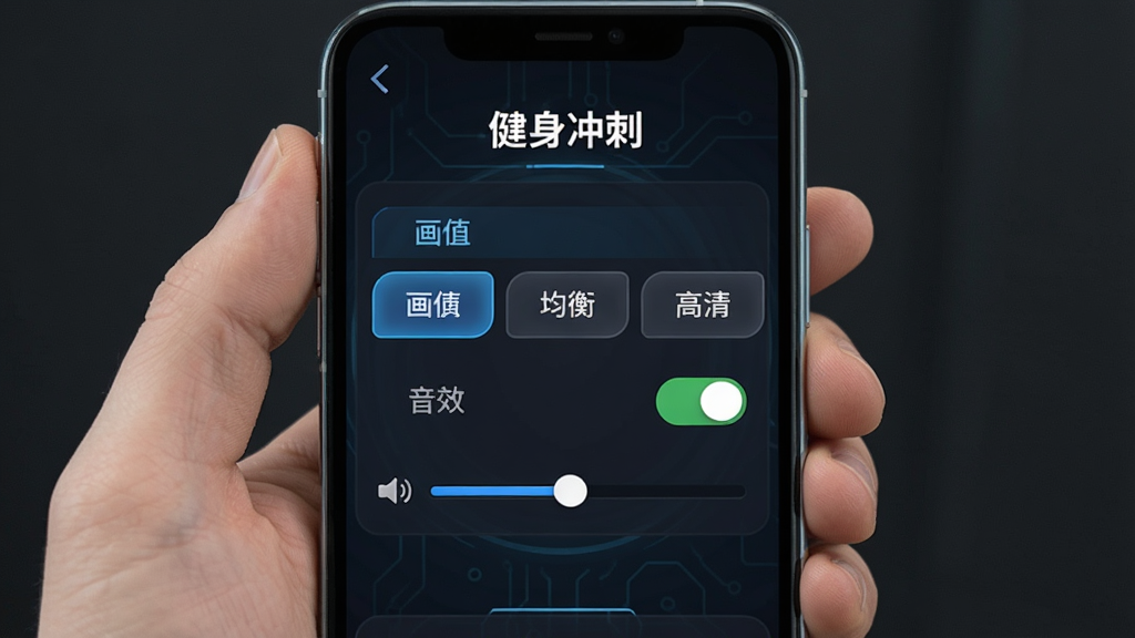 画面主体是手机屏幕显示健身冲刺游戏设置界面,布局为上方标题
