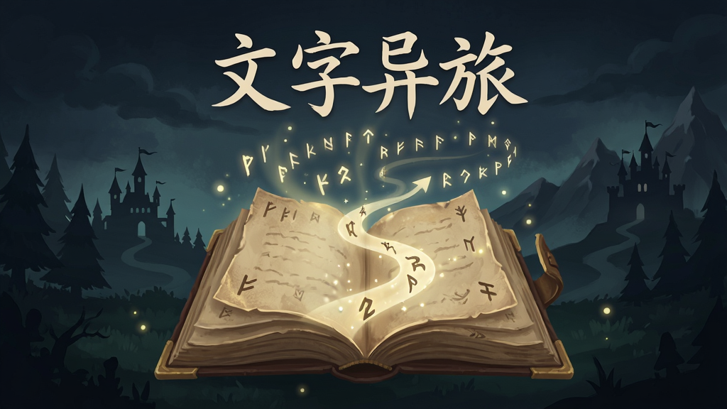 一张以文字异旅为主题的奇幻冒险插画,画面中央是一本发光的古老书籍,书页中飘出文字符号汇聚成道路,道路两侧有森林、城堡与远山的剪影,整体采用暗色调奇幻风格,布局为竖版构图,排版上书名“文字异旅”以手写体置于画面顶部,风格为数字绘画,细节包含漂浮的符文、微光粒子与翻开的书页纹理,画质高清、干净、无多余元素