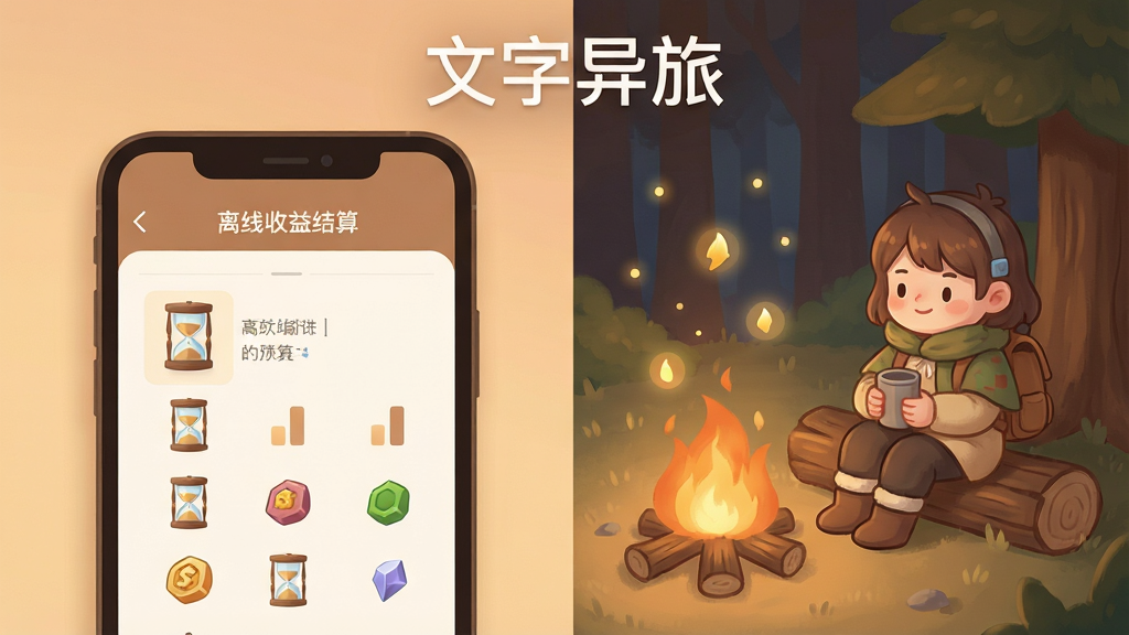 一张文字异旅放置玩法示意图,画面左侧是手机屏幕显示离线收益结算界面,右侧是角色在篝火旁休息的插画,布局为左右分栏构图,排版上“文字异旅”以简洁字体置于画面顶部,风格为温暖治愈系插画,细节包含时间沙漏、资源图标与飘动的经验值光点,画质柔和、干净、无多余元素