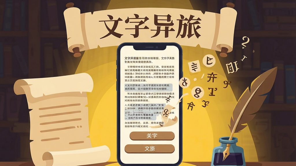 一幅以文字异旅为背景的概念图,主体是一台竖屏手机,屏幕中显示密密麻麻的文字段落与选项按钮,手机周围环绕着羊皮纸卷轴、羽毛笔与墨水瓶,布局为居中构图,排版上软件名称“文字异旅”以复古字体出现在卷轴上方,风格为扁平插画,细节包含文字符号从屏幕溢出飘散、暖黄色灯光氛围,画质清晰、干净、无多余元素