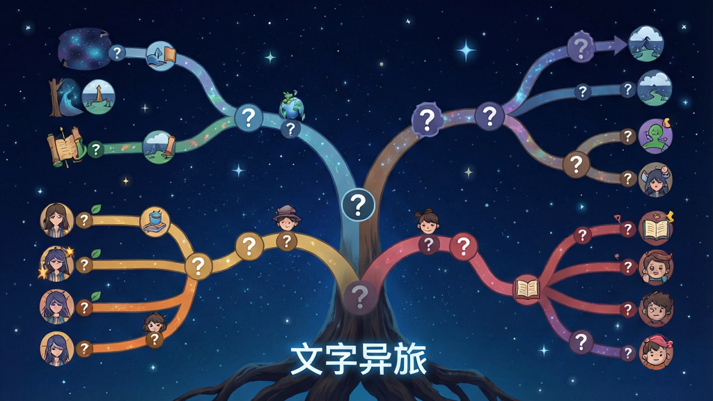 一张展示文字异旅分支剧情的示意图,画面以树状结构展开,每个节点代表一个选择,树枝延伸出不同颜色的路径通向多种结局图标,背景为深蓝色星空,布局为横向展开,排版上“文字异旅”以发光字体置于树根位置,风格为信息图表与插画结合,细节包含节点上的小图标、路径分叉处的问号标记,画质高清、干净、无多余元素