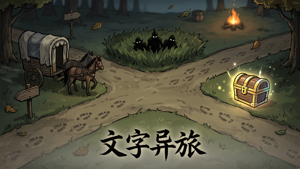 一幅文字异旅游戏内随机事件场景图,画面中央是分岔路口,左侧有商队马车,右侧有发光宝箱,前方草丛中隐约可见埋伏的黑影,布局为横向卷轴式构图,排版上“文字异旅”以古风字体出现在画面底部中央,风格为暗黑奇幻手绘,细节包含路标、脚印、飘落的树叶与远处篝火,画质细腻、干净、无多余元素