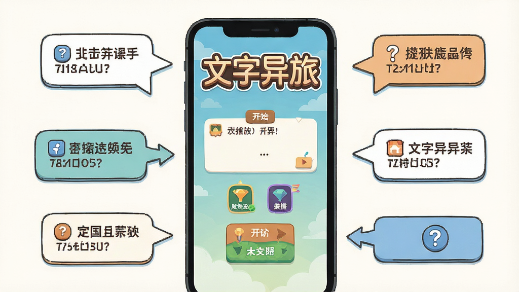 一张文字异旅新手引导界面截图风格插画,画面中央是手机屏幕显示游戏开始界面,周围环绕着提示气泡与箭头指引,布局为居中构图,排版上“文字异旅”以游戏Logo形式出现在屏幕上方,风格为扁平化UI插画,细节包含按钮、对话框、属性图标与问号提示,画质清晰、干净、无多余元素