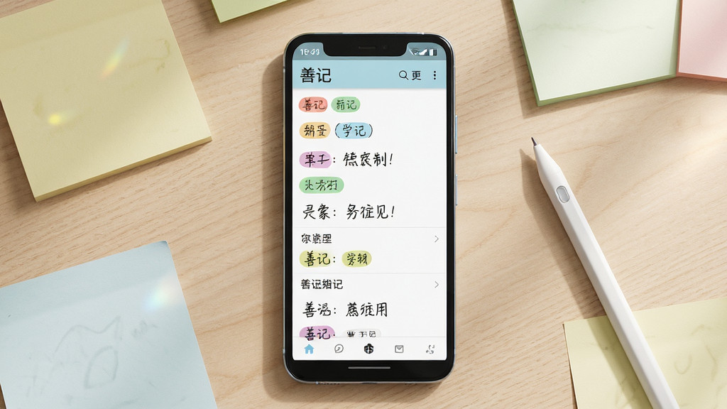 һ��չʾ�Ƽ�Ӧ��������ĳ���ͼ������������һ��������׿�ֻ�����Ļ����ʾ�Ƽǵıʼ��б����棬������ɫ��ǩ����д�����⣬�ֻ���Χɢ���ű�ǩֽ��һ֧���رʣ�������ǳľɫ���棬���ֲ��þ��й�ͼ�����Ϊ����дʵ��ϸ�ڰ�����͵���Ȼ������ֽ�����������������ɾ����޶���Ԫ��