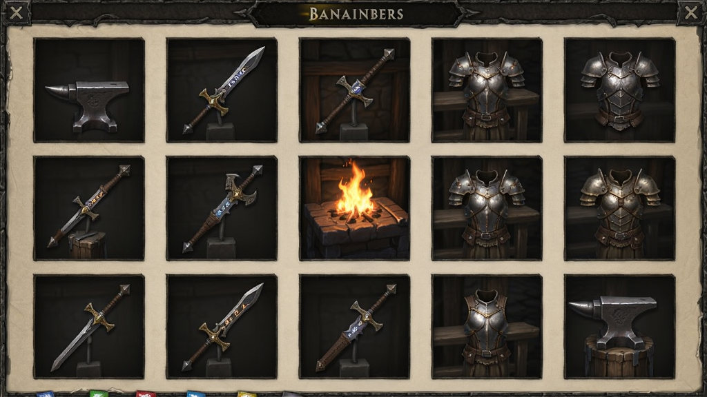 Banishers装备锻造界面,主体为铁匠铺中的武器与护甲展示,布局为网格陈列排版,风格为暗黑奇幻写实风格,细节包括武器上的符文刻印、火光映照、金属质感,画质高清细腻,干净无多余元素