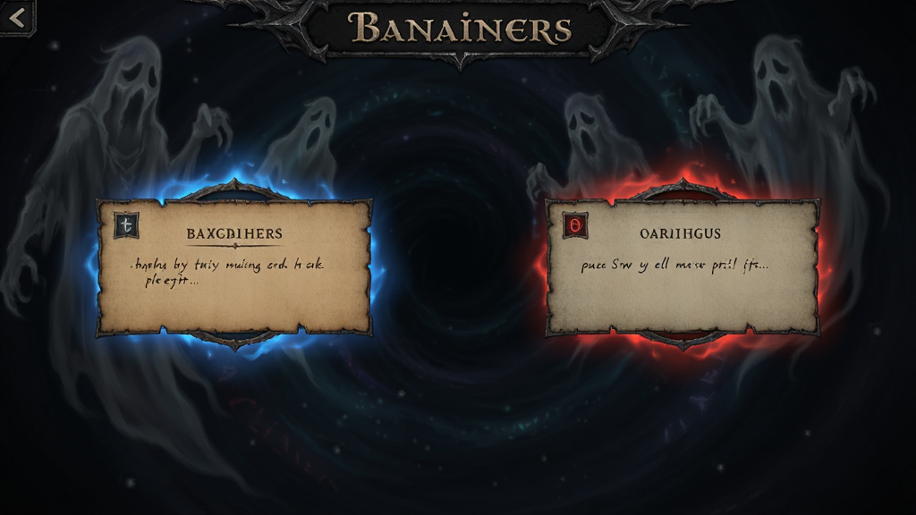 Banishers剧情抉择界面,主体为两个对立选项悬浮在幽暗空间中,布局为左右对称排版,风格为暗黑奇幻UI风格,细节包括羊皮纸纹理选项框、蓝色与红色光晕、背景有幽灵轮廓,画质高清精致,干净无多余元素