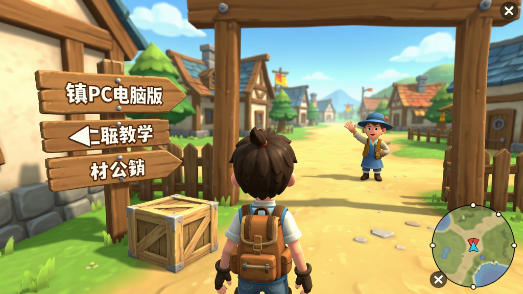 银松镇PC电脑版新手教学场景图,画面展示角色站在小镇入口处,面前有指示牌和物资箱,远处有NPC挥手示意,风格为明亮教学引导风,布局为角色背影与小镇全景,细节包括路标、背包、小地图,画质高清,干净,无多余元素