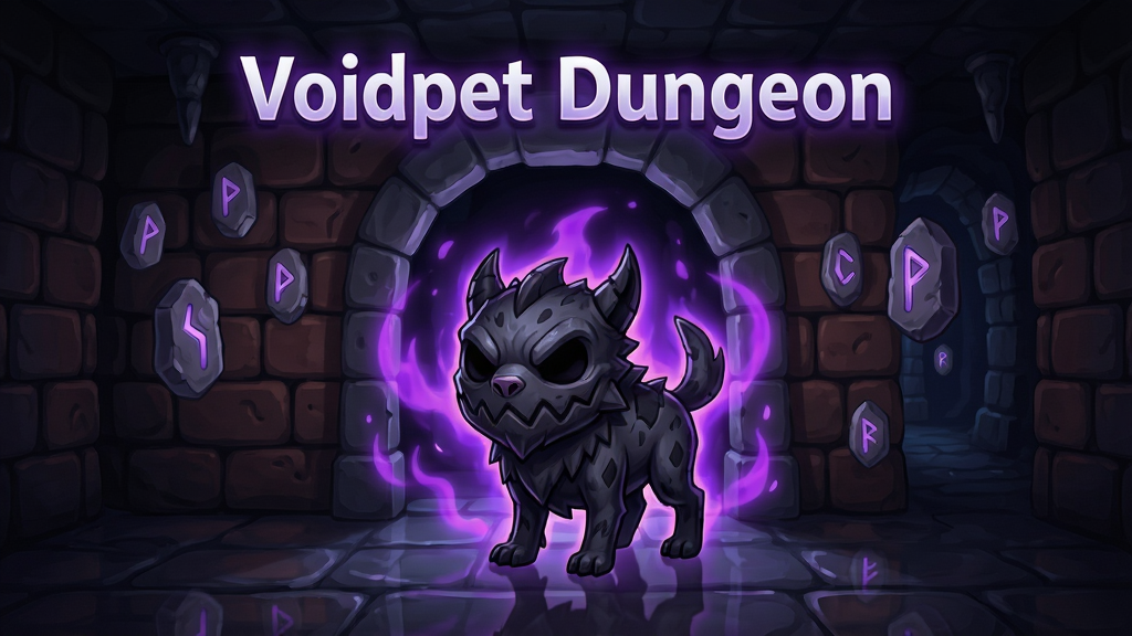 一张展示Voidpet Dungeon游戏核心全貌的精美插画,画面主体是一个暗黑卡通风格的虚空宠物站在地牢入口处,周围环绕着神秘的紫色虚空能量光芒,背景是深邃的地下城通道与漂浮的符文石,布局采用中心构图突出宠物角色,排版上游戏标题
