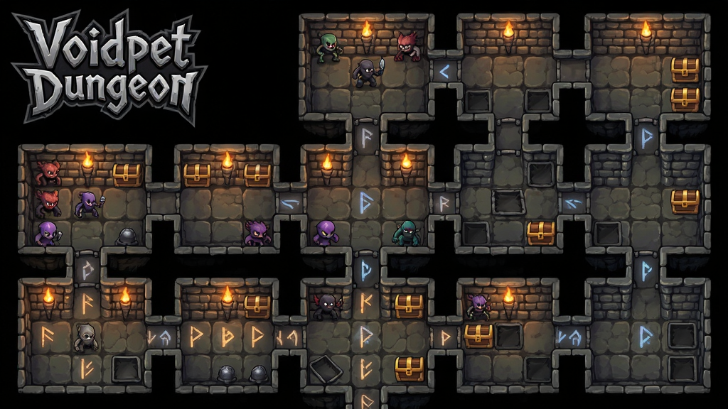 一张展示Voidpet Dungeon随机地牢场景的截图风格插画,画面主体是俯视角的迷宫地图,包含多个房间与连接走廊,房间内分布着敌人图标、宝箱图标与陷阱标识,布局采用游戏UI界面风格,排版上