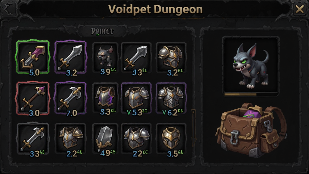 Voidpet Dungeon装备界面展示图,画面主体是宠物装备栏与背包中的各种武器护甲图标,布局采用游戏装备管理界面风格,排版上