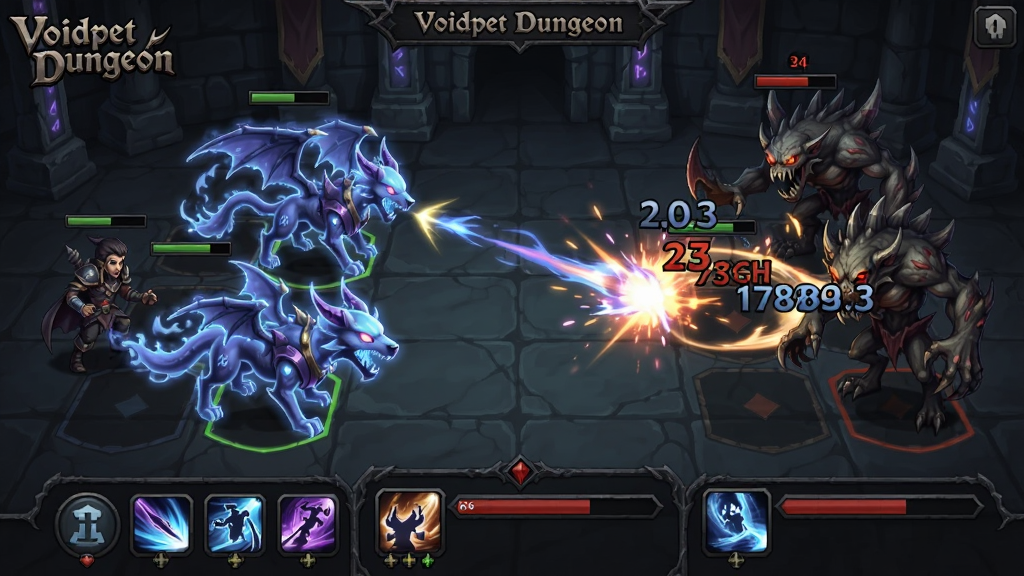 一场Voidpet Dungeon回合制战斗的场景插画,画面主体是双方宠物在竞技场中对峙,左侧是玩家队伍的三只虚空宠物,右侧是敌方怪物,布局采用经典回合制战斗界面,底部有技能按钮与血条,排版上