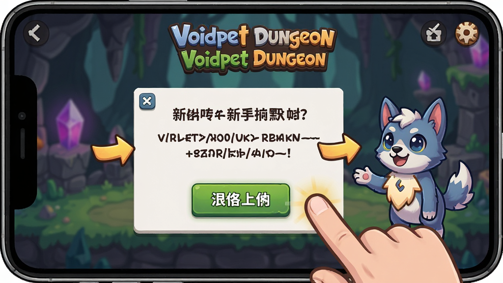 一张Voidpet Dungeon新手引导界面的截图风格插画,画面主体是手机屏幕中显示的游戏教学弹窗与手指点击操作的示意,布局采用竖屏手机界面展示,排版上