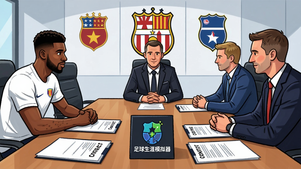 一张足球转会谈判场景插画,画面中一名球员与经纪人坐在会议桌前,对面是俱乐部代表,桌上摆放合同文件与“足球生涯模拟器”Logo,背景有球队队徽墙,风格商务运动风,布局居中,细节清晰,画质干净
