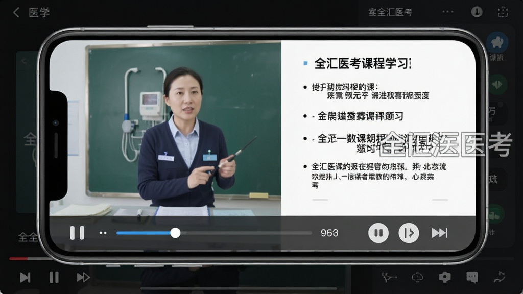 全汇医考课程学习界面,画面中央为手机横屏播放状态,屏幕内显示医学讲师授课画面与课件要点,下方有进度条与倍速按钮,屏幕一侧有