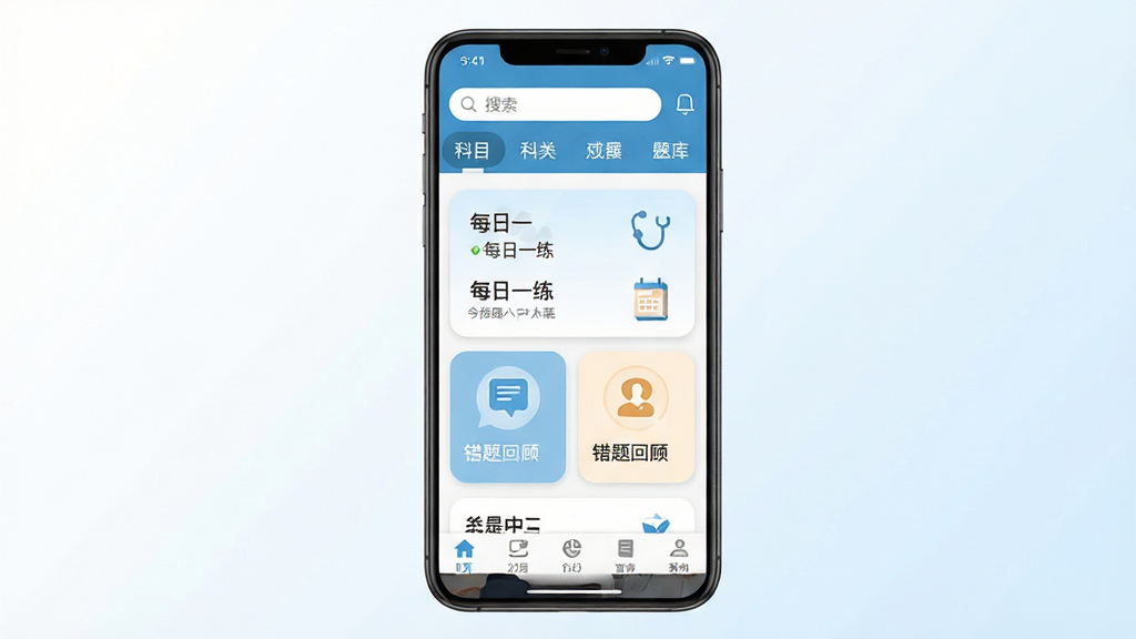 全汇医考手机应用主界面展示,画面中央是一部竖屏安卓手机,屏幕内显示医学考试题库首页,顶部有搜索框与科目分类标签,中部为每日一练卡片与错题回顾入口,底部导航栏清晰可见,背景为简洁的白色与浅蓝色渐变,整体布局干净有序,风格为现代扁平化UI设计,细节上突出题库卡片圆角与图标线条,画质清晰,无多余元素