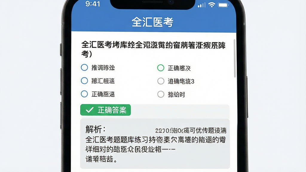 全汇医考题库练习界面,画面展示手机屏幕内一道医学选择题,题干下方有四个选项,选项下方显示绿色正确答案标记与详细文字解析,解析区域用浅灰色背景区分,屏幕顶部有