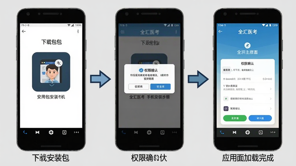 全汇医考安卓手机安装步骤示意图,画面展示三部手机并排,从左到右依次为下载安装包、权限确认弹窗、应用主界面加载完成,每部手机屏幕内容清晰,背景为浅灰色,风格为教程类步骤图,布局横向排列,细节上突出每一步的界面差异与箭头引导,画质清晰,无多余元素