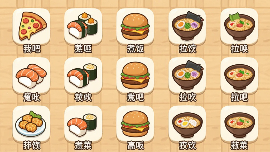 一张展示多种美食菜谱的手机游戏截图,画面中排列着各种菜品图标,包括披萨、寿司、汉堡、拉面等,每个图标下方标注菜名,整体排版整齐有序,采用扁平化卡通图标风格,背景为浅色木纹桌面,画质干净清晰,图片中带有我们来煮饭吧游戏菜谱字样