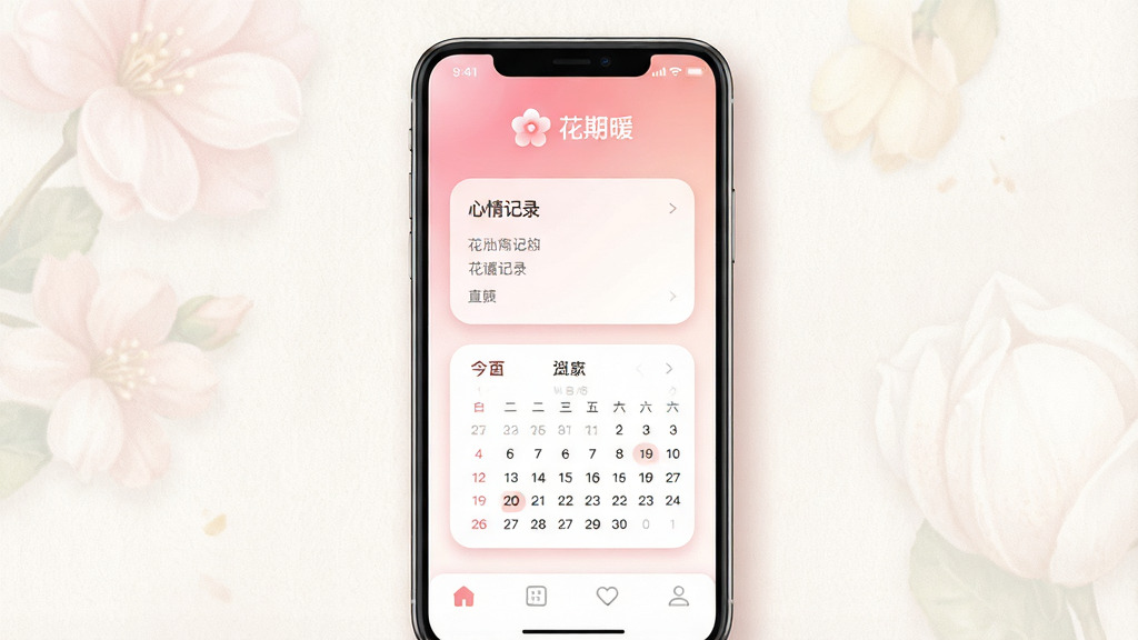 一张展示手机屏幕的图片,屏幕中央显示“花期暖”应用的主界面,界面以柔和的粉白渐变为主色调,顶部有花朵图标和“花期暖”文字,中部为心情记录卡片和日历视图,底部为导航栏,整体布局简洁清新,风格温暖治愈,细节上卡片带有圆角阴影,背景为淡雅的浅色纹理,画质清晰,干净,无多余元素