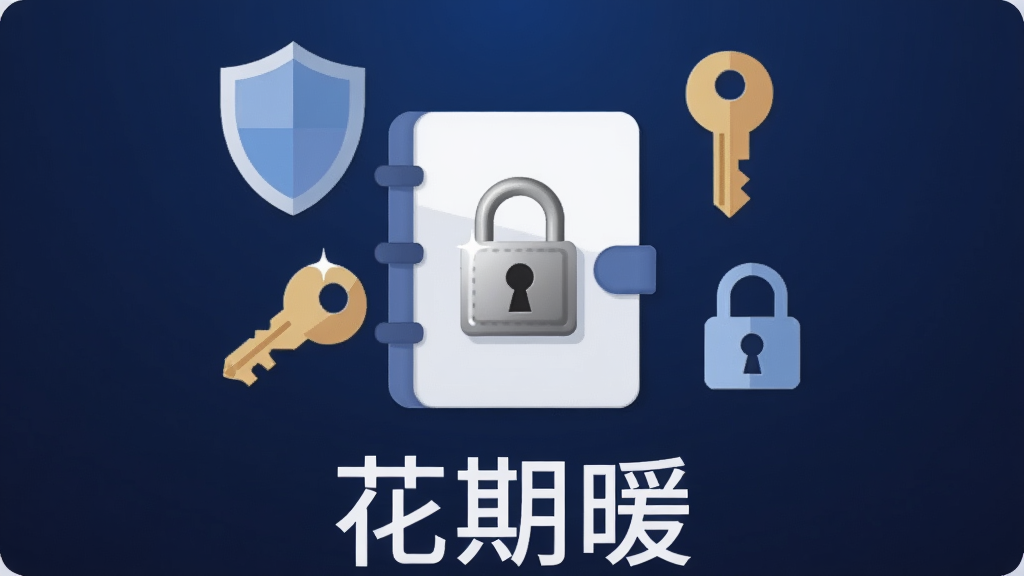 一幅扁平化风格的图片,画面中央是一个带锁的日记本图标,周围环绕着盾牌、钥匙和加密符号,背景为深蓝色渐变,图标下方有“花期暖”文字标识,整体布局简洁对称,风格现代安全,细节上锁扣有金属光泽,画质清晰,干净,无多余元素