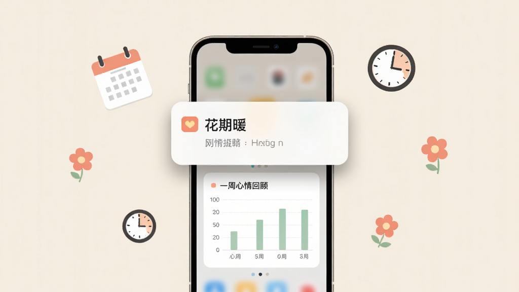 一幅简约风格的图片,画面中央是一部手机,手机屏幕上显示“花期暖”的提醒通知弹窗和一周心情回顾图表,手机周围漂浮着日历、时钟和小花图标,背景为浅米色,整体布局清晰有序,风格清爽现代,细节上通知弹窗有柔和阴影,画质干净,无多余元素
