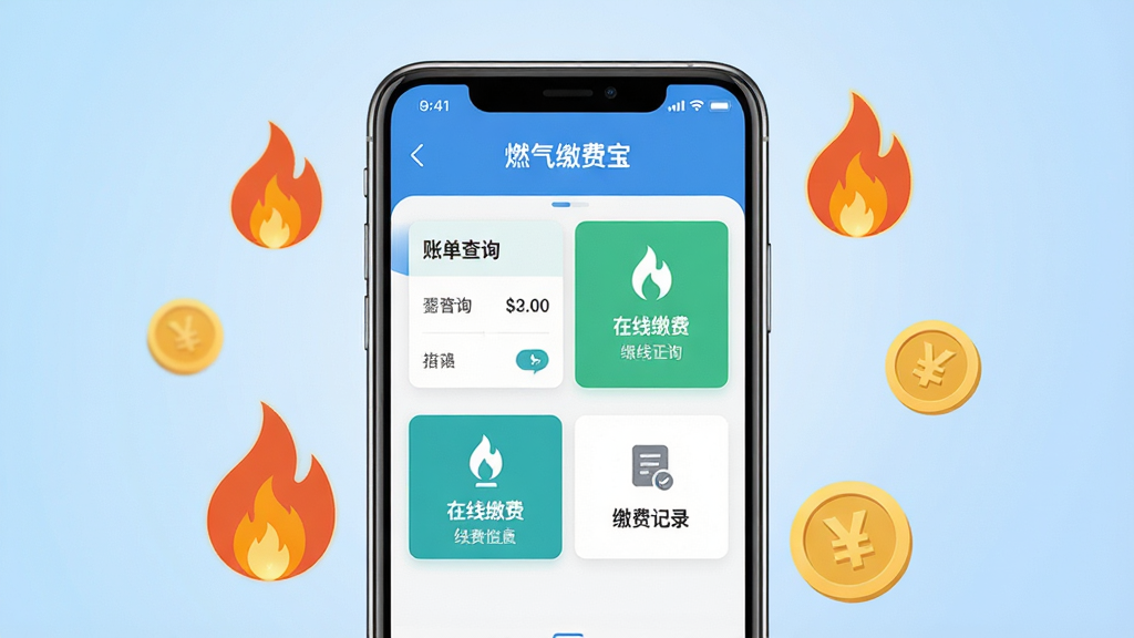 燃气缴费宝软件主界面展示图,画面中央是一部智能手机,手机屏幕上显示着燃气缴费宝的首页界面,页面包含燃气账单查询、在线缴费、缴费记录等功能模块,整体布局清晰简洁,手机周围环绕着燃气火焰图标和金币图标,背景为浅蓝色渐变,风格为扁平化UI设计,细节精致,画质高清,干净无多余元素,画面中带文字