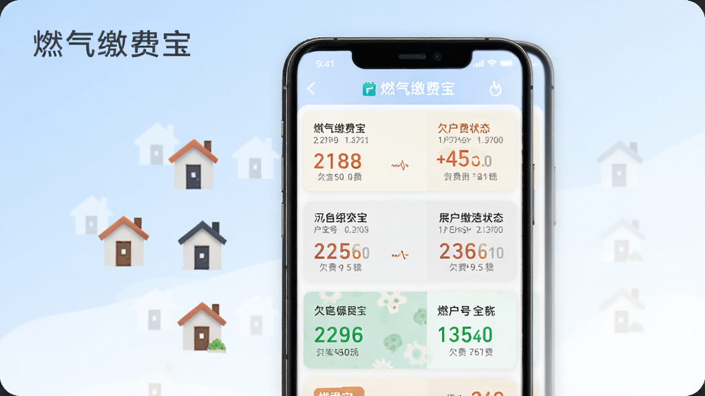 燃气缴费宝多户号管理功能展示图,画面中一部手机屏幕上显示着多个燃气户号卡片,每个卡片上有户号名称和欠费状态,手机旁边有多个小房子图标,背景为浅蓝色到白色的渐变,风格为现代扁平化UI设计,细节丰富,画质高清,干净无多余元素,画面中带文字