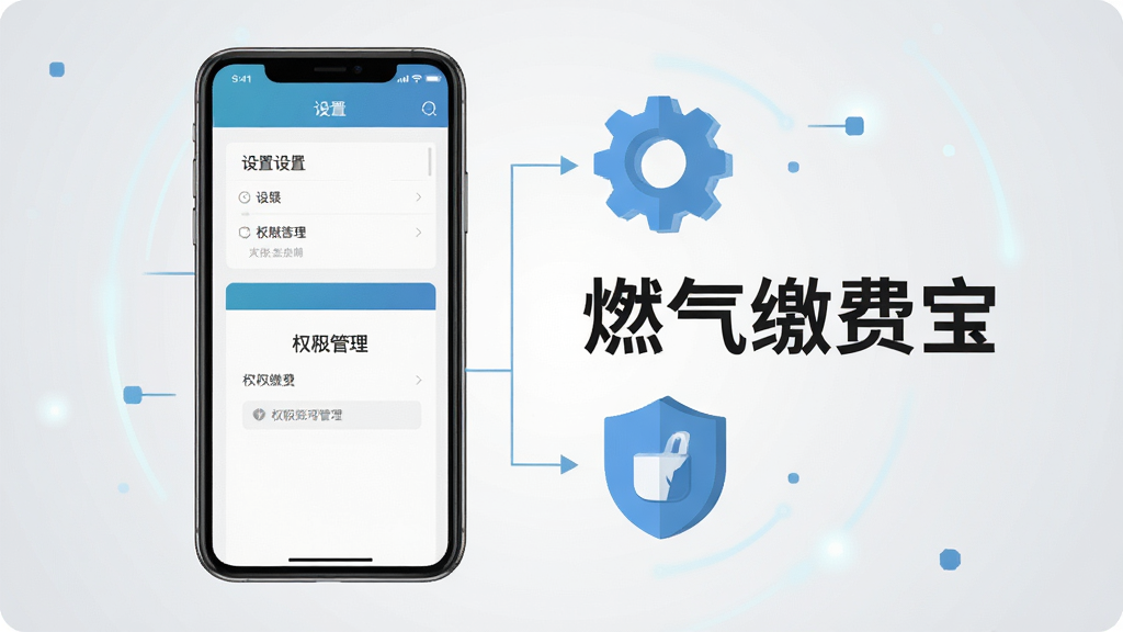 燃气缴费宝使用技巧展示图,画面中一部手机显示着设置页面和权限管理界面,手机旁边有齿轮图标和盾牌图标,背景为浅灰色渐变,风格为扁平化科技感设计,细节清晰,画质高清,干净无多余元素,画面中带文字