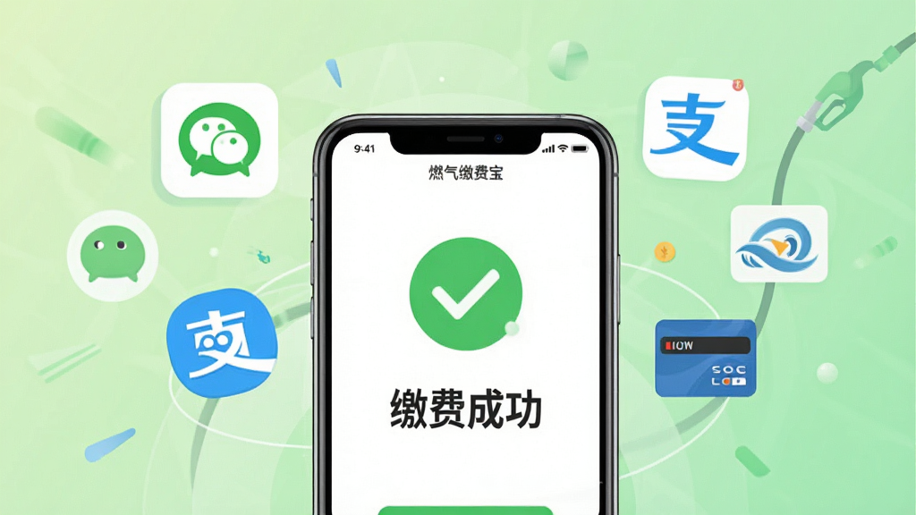 燃气缴费宝在线缴费功能展示图,画面中一部手机正在显示支付成功页面,屏幕上有一个绿色的对勾图标和