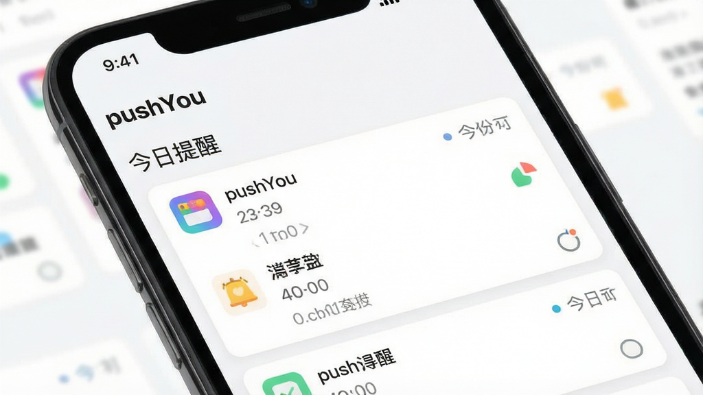 一张展示pushYou软件主界面的图片,主体是手机屏幕上的消息推送列表,布局为顶部状态栏与下方卡片式通知,排版清晰整洁,风格为现代扁平化设计,细节包括彩色图标、时间戳与已读未读状态标记,画质高清,干净无多余元素,屏幕中显示文字“pushYou”与“今日提醒”