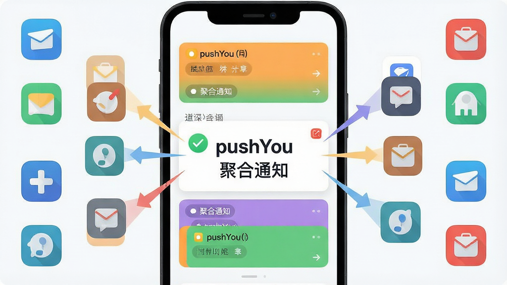 一张展示pushYou多源通知聚合功能的图片,主体是手机屏幕中多个应用图标向中心汇聚的示意图,布局为左右两侧应用图标指向中间的通知面板,排版对称,风格为科技感扁平插画,细节包括不同颜色的通知卡片与分类标签,画质高清,干净无多余元素,画面中文字标注“pushYou 聚合通知”