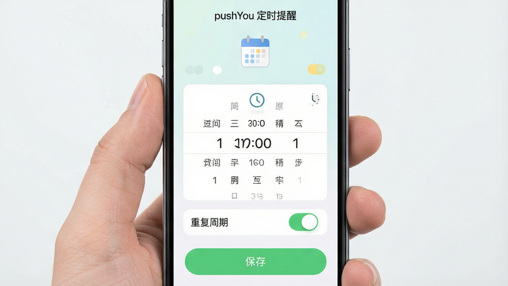 一张展示pushYou定时提醒设置界面的图片,主体是手机屏幕上的时间选择器与重复周期选项,布局为上方日历图标与下方开关按钮,排版纵向排列,风格为清新浅色UI风格,细节包括时钟图标、星期选择与保存按钮,画质高清,干净无多余元素,屏幕中文字“pushYou 定时提醒”