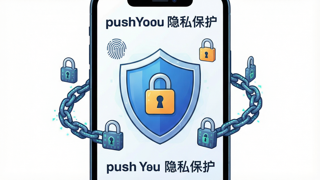 一张展示pushYou隐私保护功能的图片,主体是手机屏幕上的盾牌图标与锁形标志,布局为中央盾牌周围环绕数据锁链,排版居中,风格为安全防护主题插画,细节包括指纹识别与加密符号,画质高清,干净无多余元素,屏幕中文字“pushYou 隐私保护”