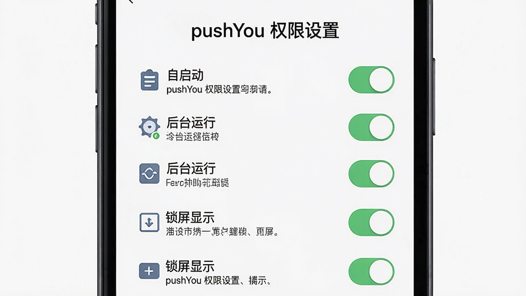 一张展示pushYou权限设置引导页面的图片,主体是手机屏幕上的权限开关列表,布局为纵向排列的开关项与说明文字,排版清晰,风格为扁平化引导页设计,细节包括自启动、后台运行、锁屏显示等开关图标,画质高清,干净无多余元素,屏幕中文字“pushYou 权限设置”