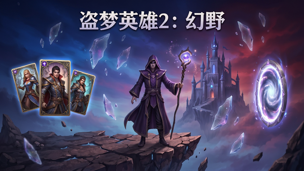 画面中央是一位身穿暗紫色长袍的梦境行者,手持发光法杖,站在破碎的荒野悬崖边,背景是漂浮的梦境碎片和遥远的神秘城堡,天空呈现深蓝与紫红交织的渐变色彩。画面左侧悬浮着三位英雄角色卡牌,右侧是发光的传送门。整体布局采用中心对称构图,排版上方留出区域用于放置游戏标题文字“盗梦英雄2:幻野”。风格为奇幻游戏宣传海报风格,细节包括角色服饰的纹理、法杖的光芒粒子、背景碎片的半透明质感,画质高清,干净,无多余元素。