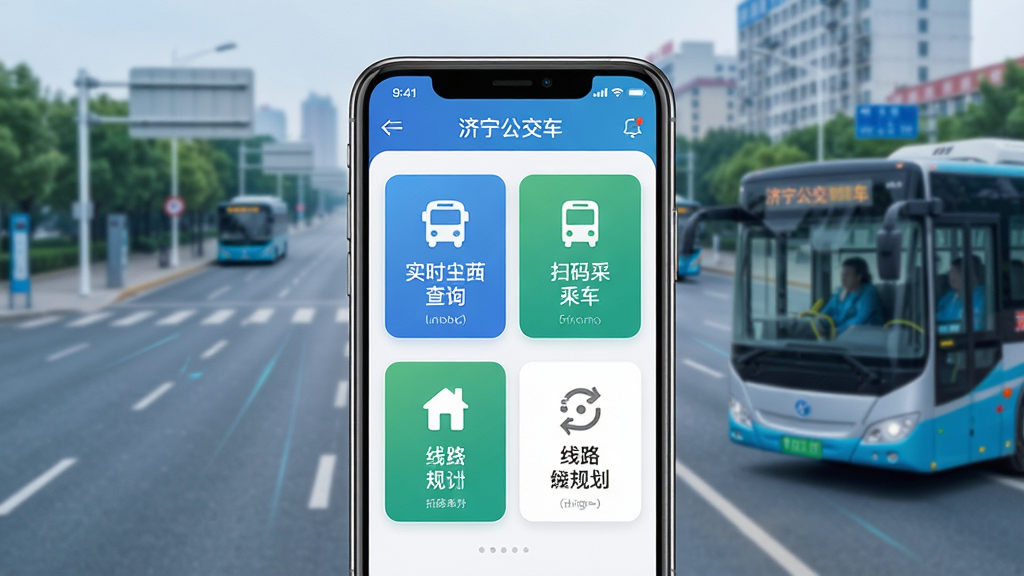 一张展示济宁公交App核心功能的手机应用界面预览图,画面中央是一部现代智能手机,屏幕上显示济宁公交App的主页界面,包含实时公交查询、扫码乘车、线路规划等模块图标,背景为济宁城市道路与公交车元素,布局简洁清晰,风格现代科技感,细节精致,画质高清干净,无多余元素