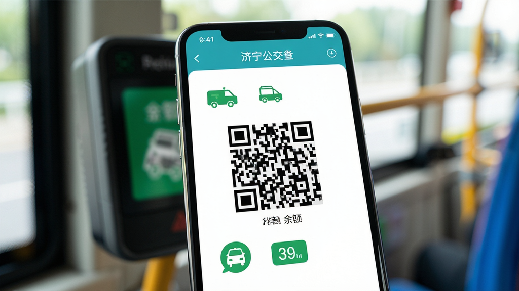 一部智能手机屏幕显示济宁公交App的乘车二维码界面,二维码位于屏幕中央,周围有绿色乘车图标和余额显示,背景为公交车内扫码设备的虚化场景,风格简洁明亮,细节清晰,画质高清干净,无多余元素