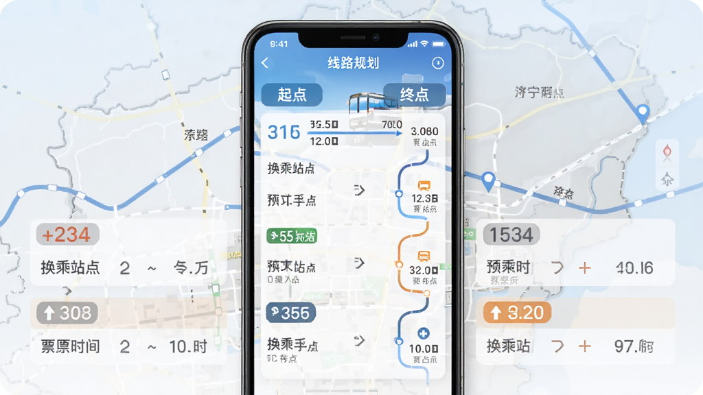 济宁公交App线路规划界面,手机屏幕展示起点到终点的多条公交出行方案对比,包含线路编号、换乘站点、预计时间和票价信息,背景为济宁城市地图轮廓,风格清晰直观,布局合理,细节精致,画质高清干净,无多余元素