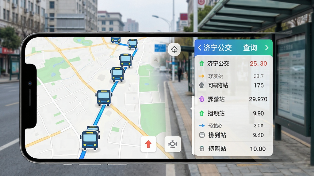 济宁公交App实时公交查询界面截图,手机屏幕上显示地图和公交车图标沿线路移动,旁边有预计到站时间列表,背景为城市街道与公交站台,风格科技实用,布局清晰,细节丰富,画质高清干净,无多余元素