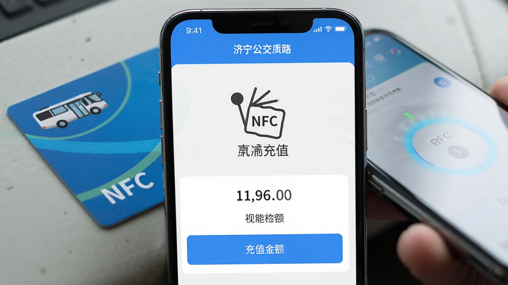 济宁公交App公交卡在线充值界面,手机屏幕显示NFC贴卡充值提示和充值金额选项,背景为公交卡与手机感应的特写场景,风格简洁实用,细节清晰,画质高清干净,无多余元素