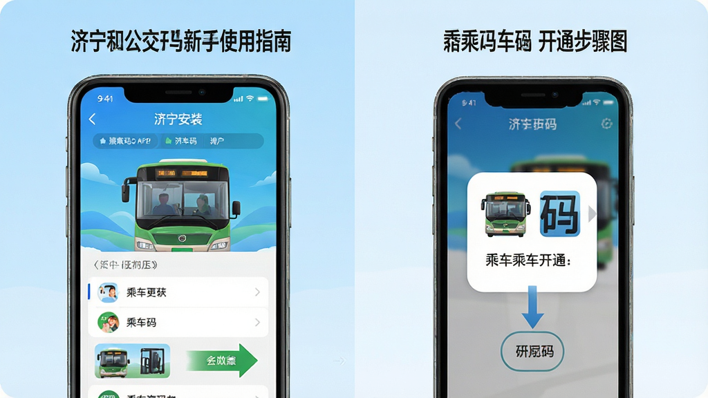 一张济宁公交App新手使用指南的图文示意图,画面左侧为手机安装界面,右侧为乘车码开通流程步骤图,背景为浅蓝色渐变,风格简洁教学,布局清晰,细节明了,画质高清干净,无多余元素