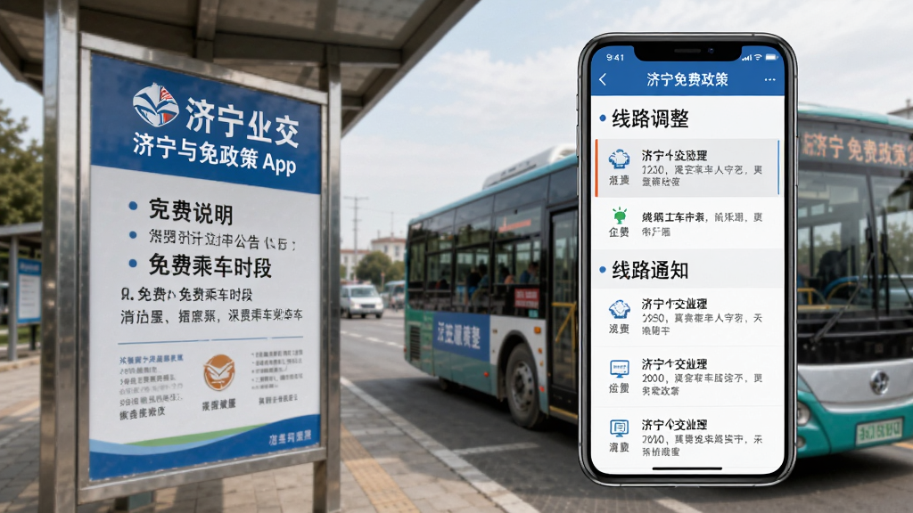 济宁公交App公告与免费政策界面,手机屏幕显示免费乘车时段说明和线路调整通知列表,背景为济宁城市公交站牌与公交车,风格正式清晰,布局规整,细节丰富,画质高清干净,无多余元素