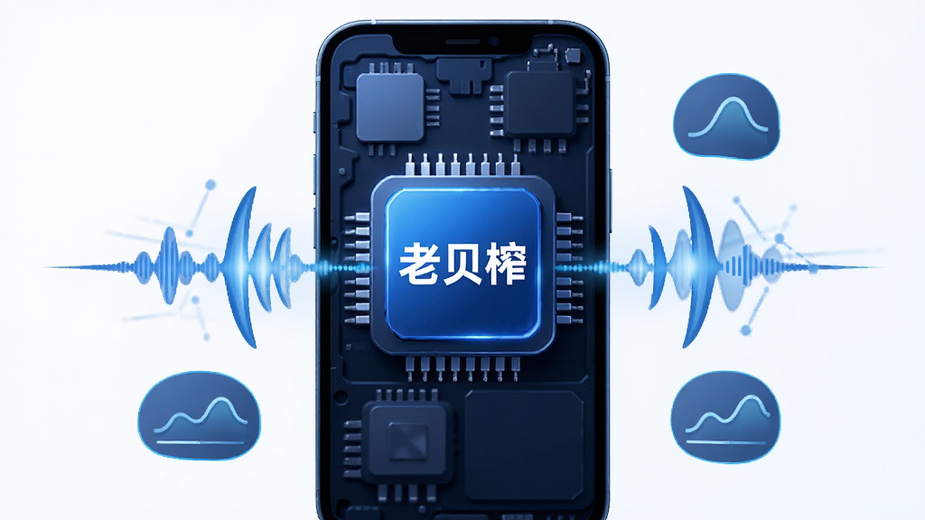 老贝榨性能优化示意图,画面为手机内部芯片与声波符号结合的抽象图形,布局为中心对称,风格为科技蓝调,细节包含