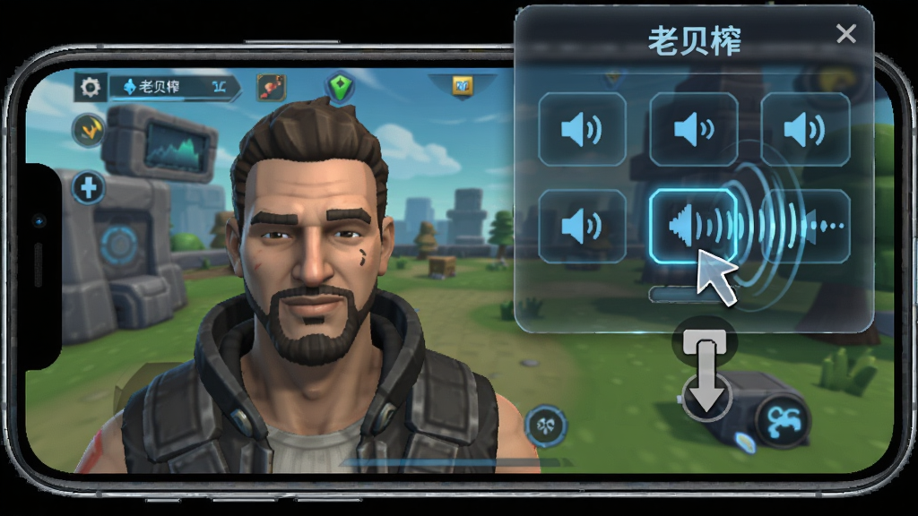 老贝榨悬浮窗功能演示,画面为手机横屏游戏界面,右上角悬浮着一个半透明的音效面板,面板上排列着多个音效按钮,其中一个按钮被点击并显示声波扩散效果,风格为游戏科技风,细节包含