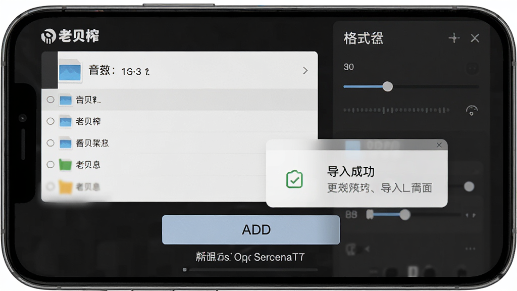 老贝榨自定义导入界面,主体为手机屏幕显示文件选择器与音效编辑面板,布局为上下结构,上方是已导入音效列表,下方是添加按钮和格式提示,风格为简洁实用型,细节包含