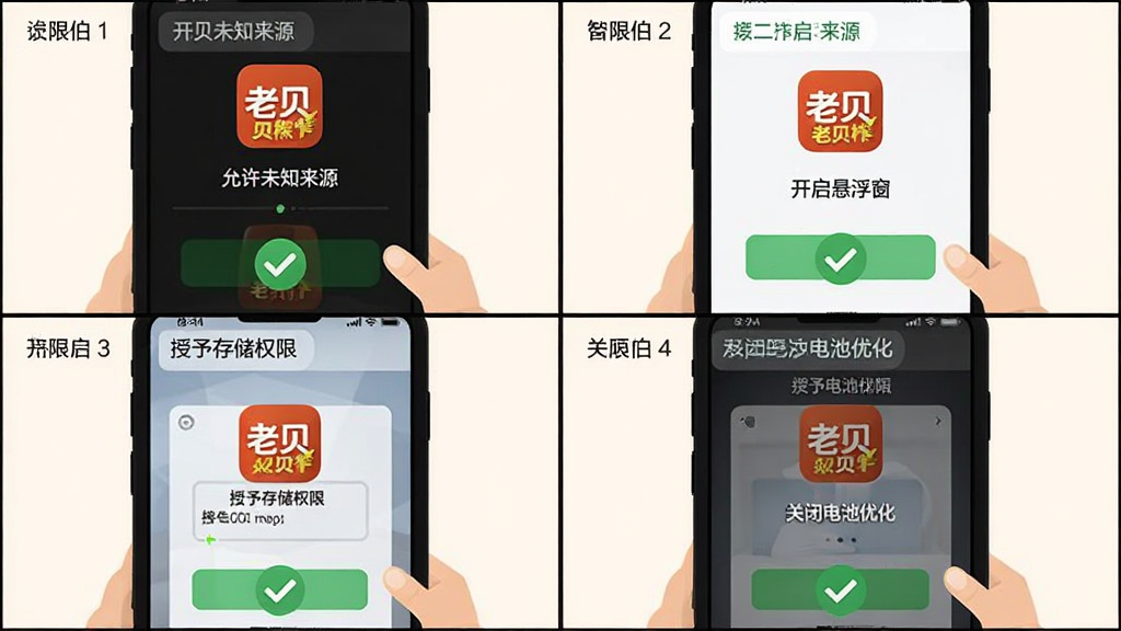 老贝榨安装设置流程示意图,画面为手机屏幕展示权限开启步骤,布局为四格漫画形式,分别展示允许未知来源、开启悬浮窗、授予存储权限、关闭电池优化四个场景,风格为扁平化插画风,细节包含